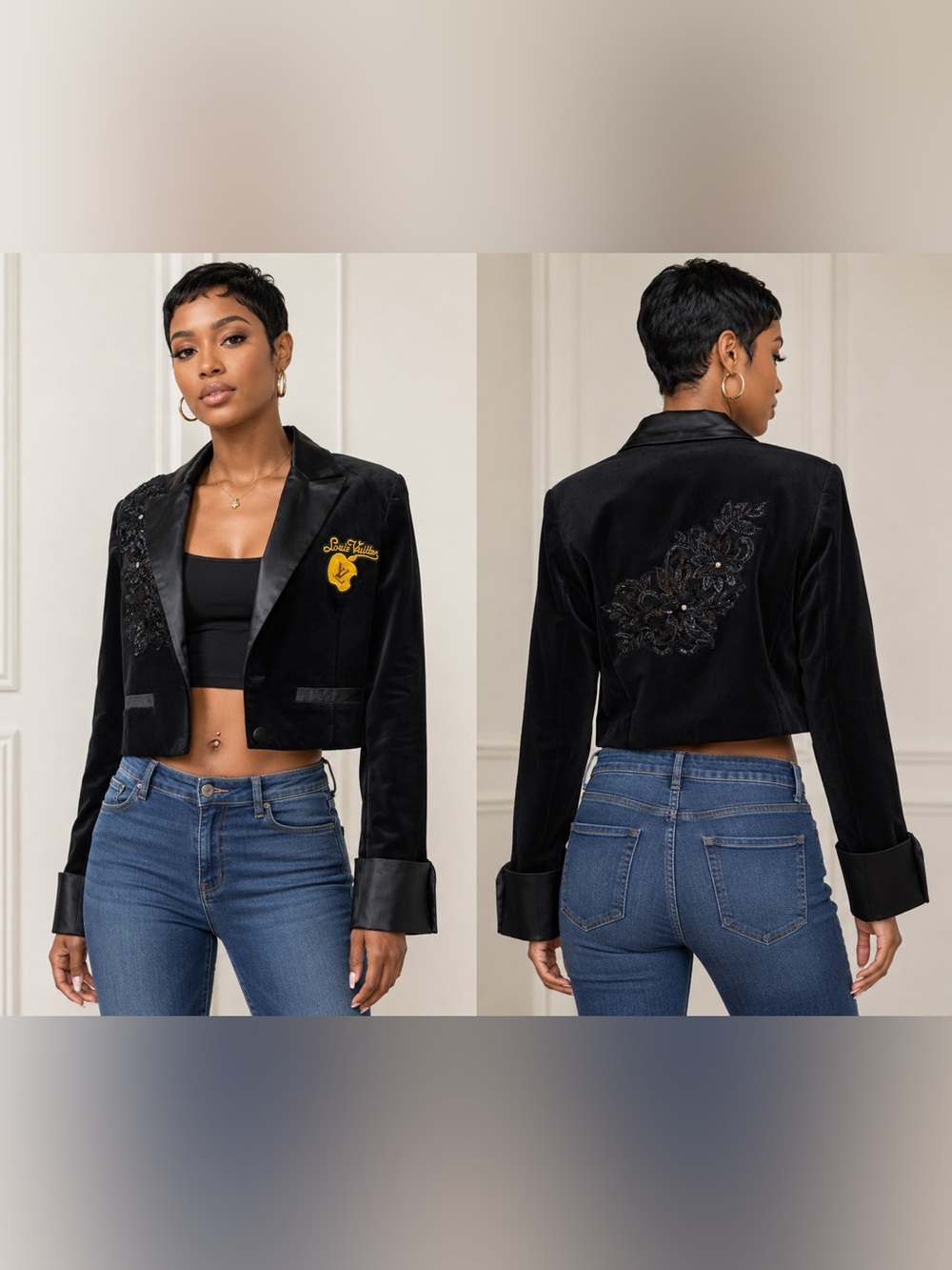 Upcycled Black Cropped Velvet Blazer w Satin Lapel and Beaded Appliqué size XL
